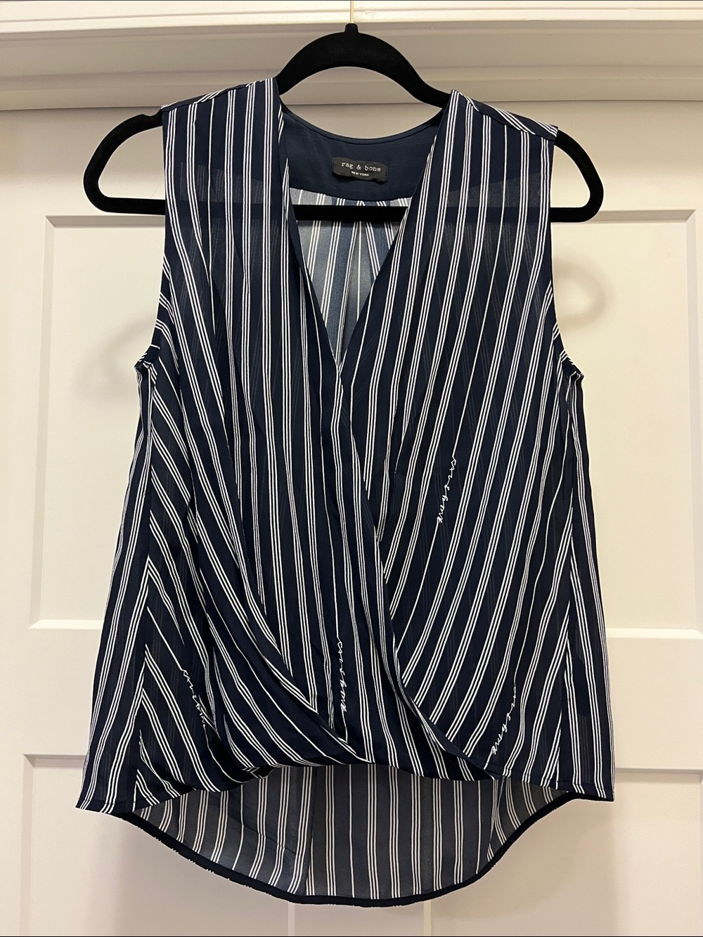 rag & bone Navy and White Striped Sleeveless Wrap Top